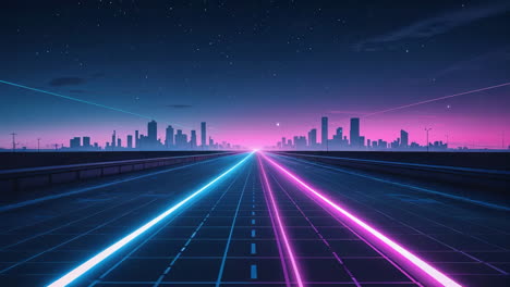 neon light road to a futuristic cityscape at night