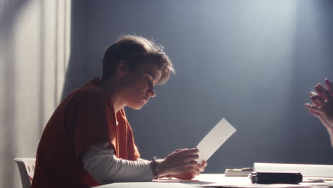 Female Inmate Denying Guilt during Interrogation in Detention Room