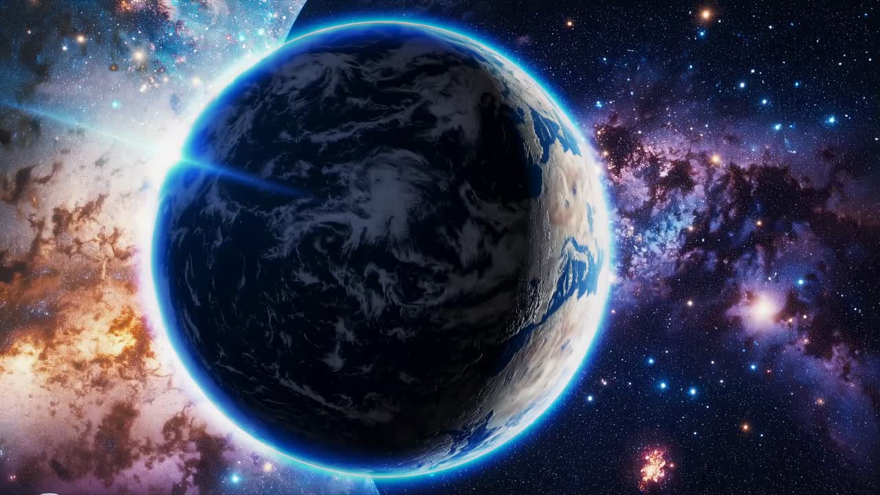 Une scène vidéo cosmique montrant la Terre depuis l'espace sous un angle bas, mettant en lumière des galaxies vibrantes.