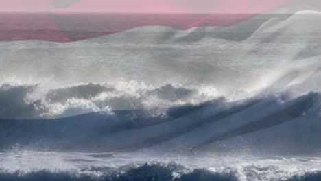 digital composition netherlands flag waving against aerial view of waves in the sea