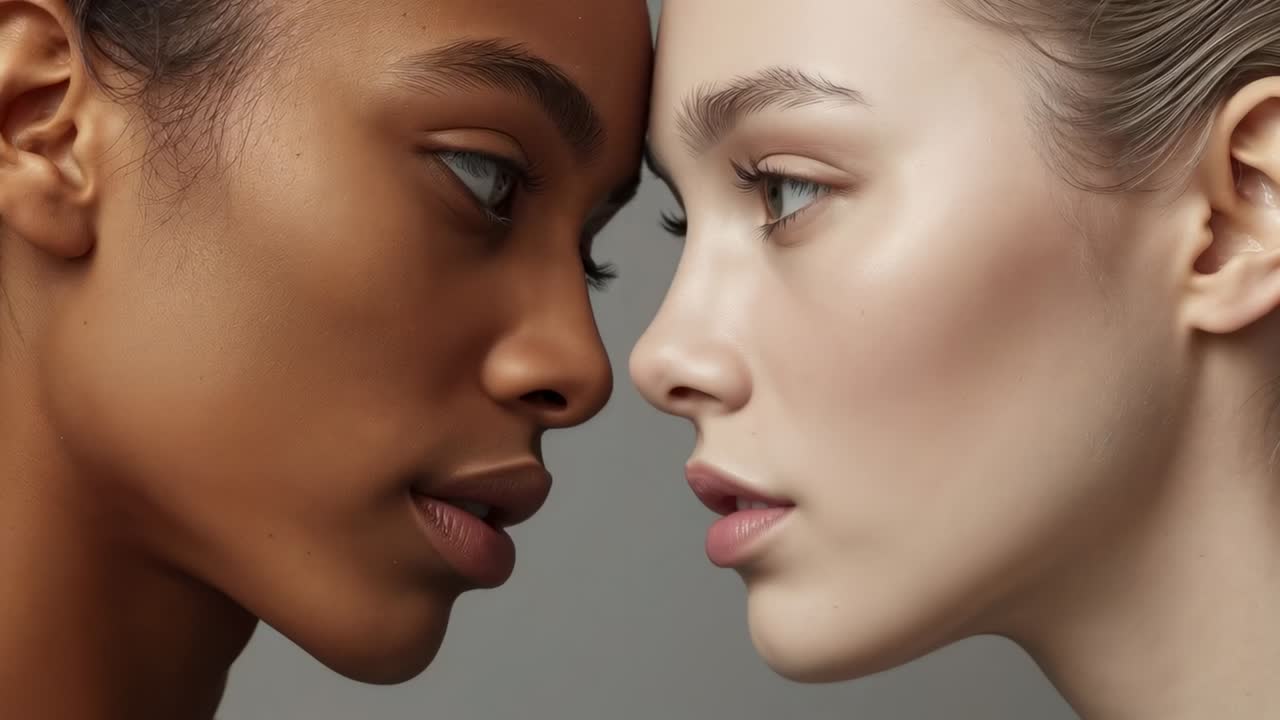 Zwei freischultrige Modelle, die sich im Studio nahe sind, während die Kamera für Beauty-Aufnahmen mit sanftem Licht läuft