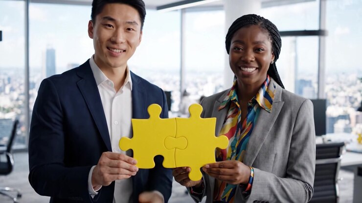 A Dynamic Duo Collaborates to Solve Challenges: Two Professionals Engage in Teamwork with Puzzle Pieces Symbolizing Unity and Cooperation in a Modern Office Setting