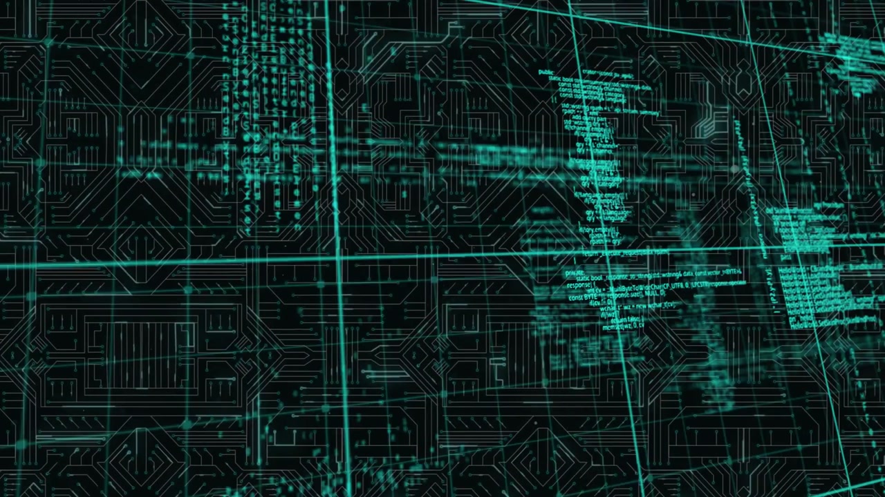 Opening circuit grid sliding lines then cascading teal code streams for data flow visualization