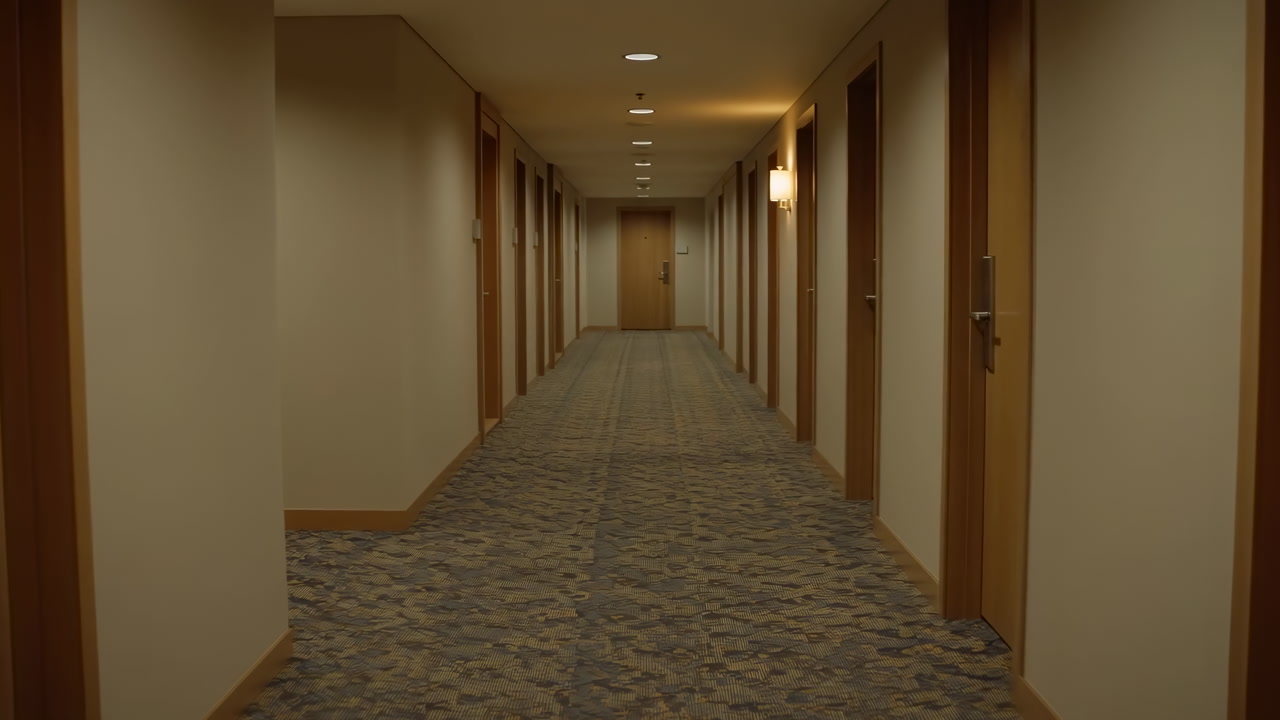 Empty Hotel Corridor With Patterned Carpet, Wooden Doors Line Both Sides, Warm Wall Sconces And Recessed