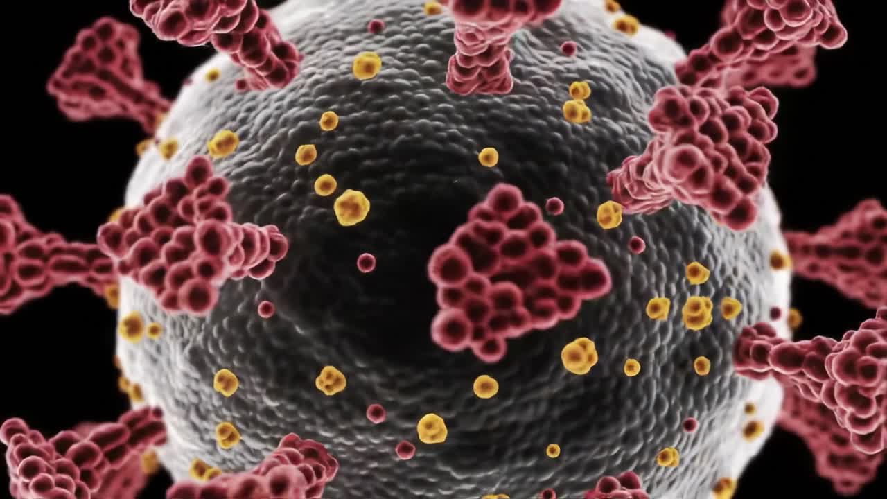 Detailed Visualization of a Virus Structure: Exploring the Intricate Surface Features, Spikes, and Particles in a Highly Magnified Close-Up View