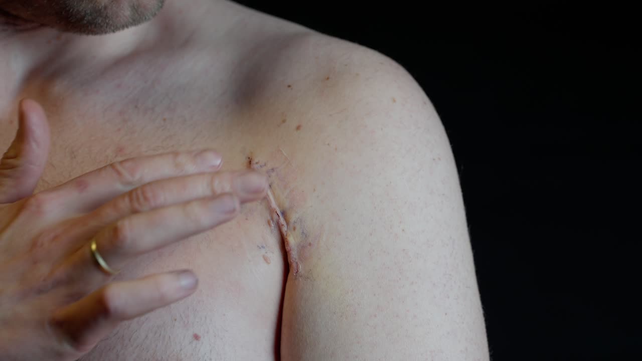 Male inspects healing scar on chest and shoulder after pectoralis tendon surgery. Bandage already removed. Upper body shown with black background