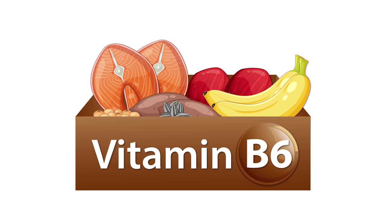 Box pieno di cibi illustrati ricchi di vitamina B6, transizioni fluide, stile vettoriale piatto, sfondo bianco