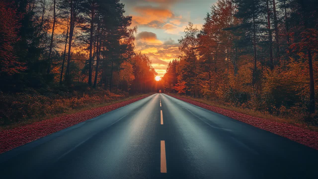 Autumn Road Through Forest at Sunset