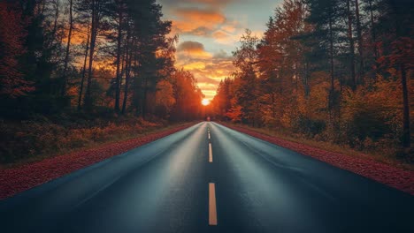 autumn road through forest at sunset