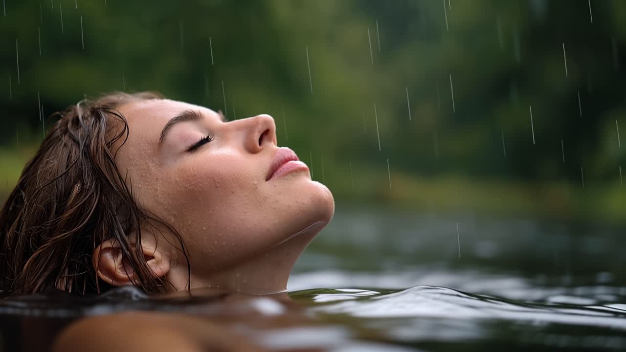 Una donna galleggia pacificamente, con gli occhi chiusi, sotto una pioggia calma. Le gocce di pioggia cadono dolcemente sulla sua pelle e sui suoi capelli scuri. L'acqua la circonda, con la vegetazione sfocata sullo sfondo. Un momento di immobilità e serenità.