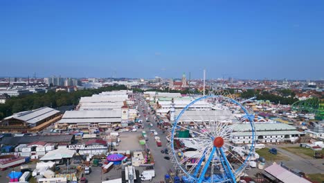 best aerial top view flight ferris wheel
theresienwiese october festival, sunny day before opening