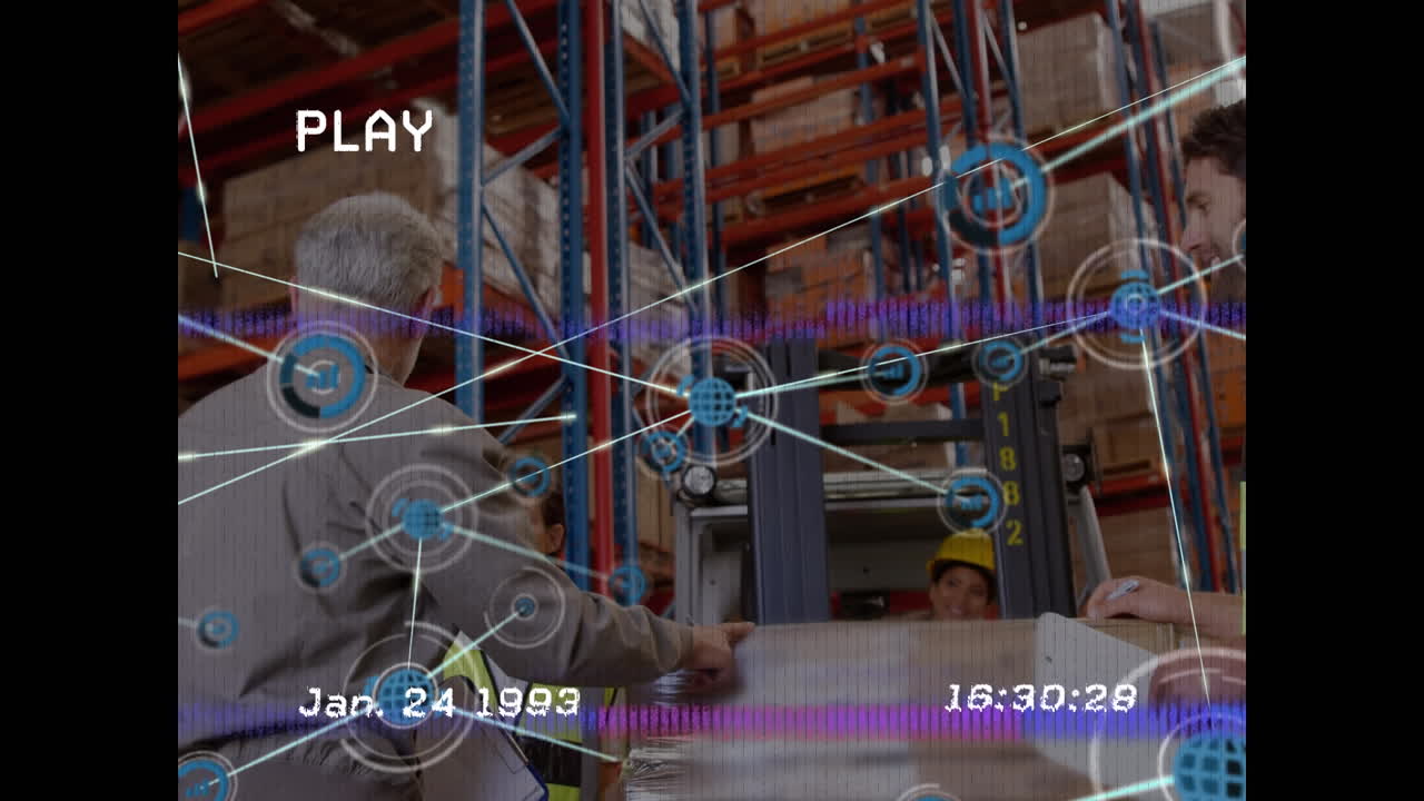 Animation of network of connections with icons over biracial warehouse workers
