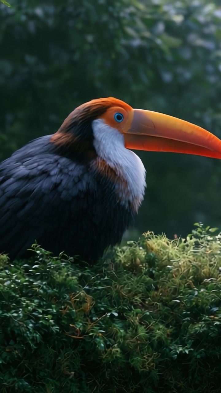 Un maestoso uccello con un becco arancione vivace e un piumaggio sorprendente, appollaiato tra una vegetazione lussureggiante in un ambiente naturale sereno.