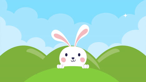 feliz pascua tarjeta animada con conejo en el campamento