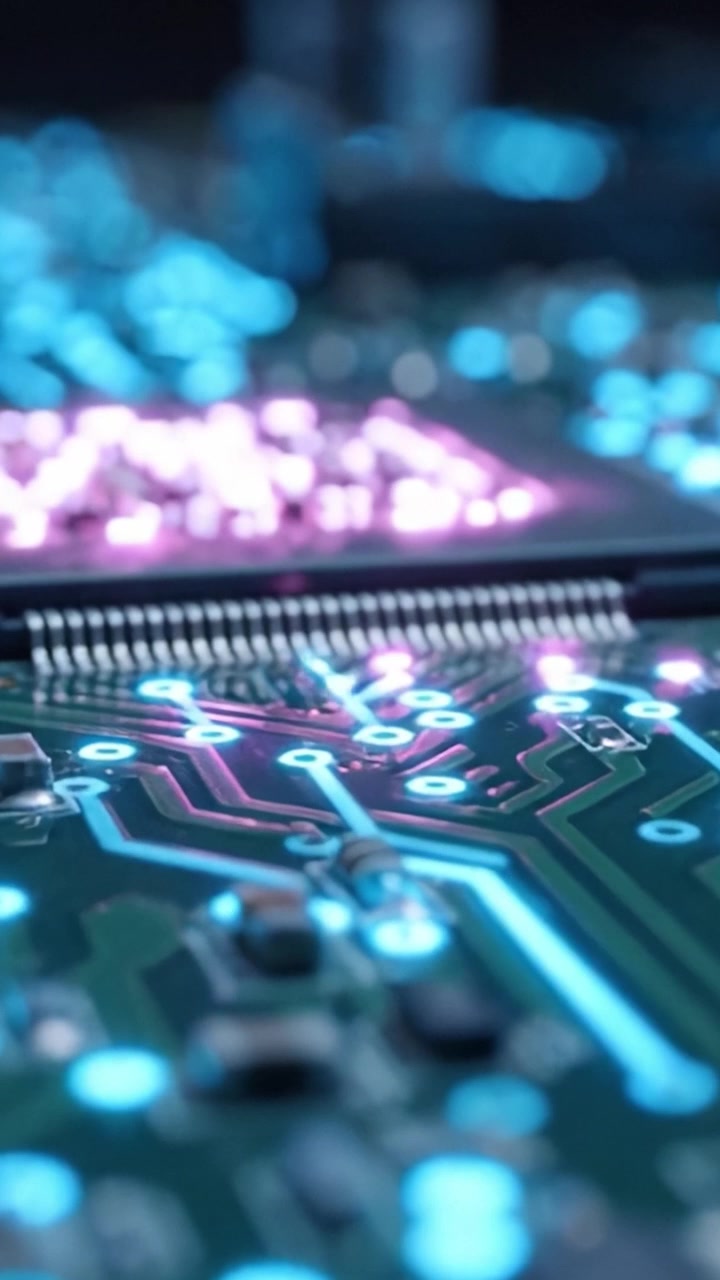 Illuminated Circuit Board Close-Up: A Glimpse into Advanced Technology with Light Patterns on a Microchip in an Electrifying Display of Modern Electronics