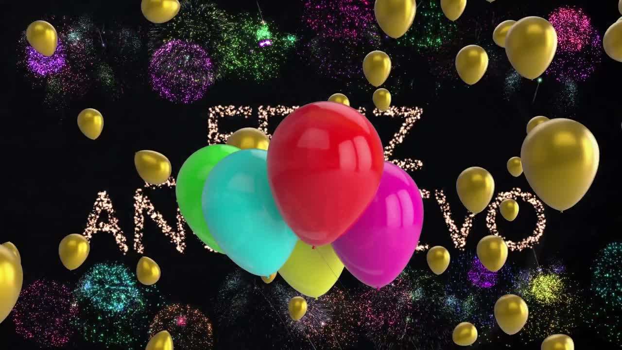 Animazione di testo 'Buon anno', palloncini con fuochi d'artificio su sfondo nero