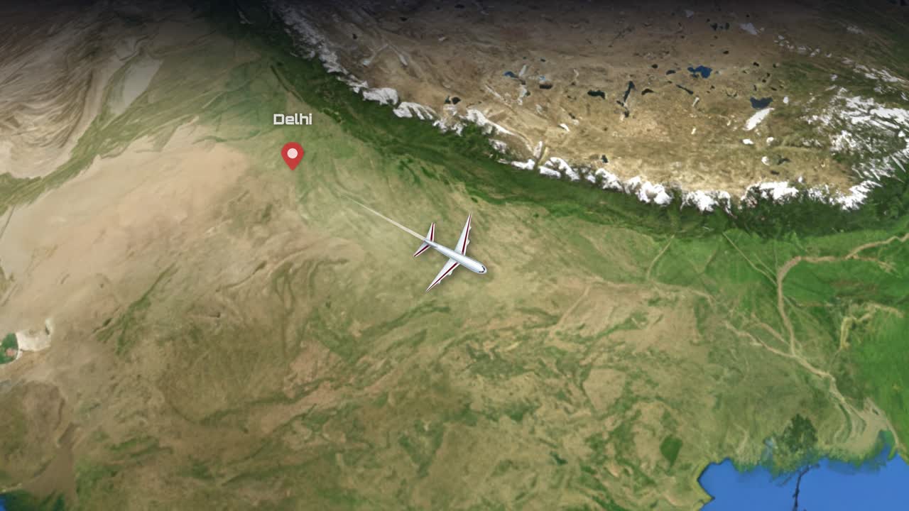 Satellite view animation follows an airplane icon traveling from Delhi to Bangkok across Southeast Asia