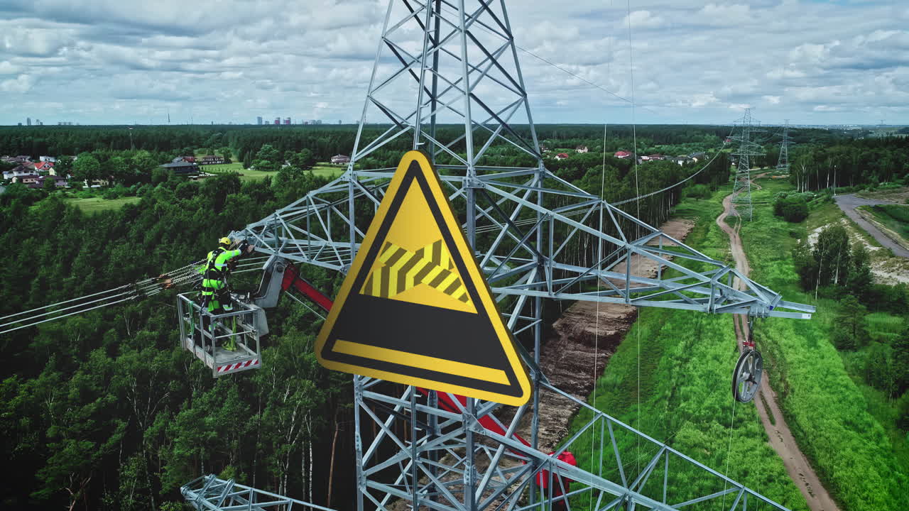 Electric pylon installation site with a added 3D construction sign - Aerial view
