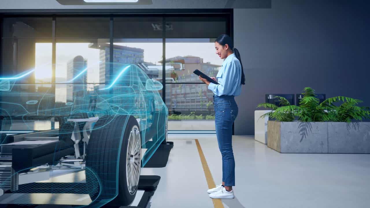 Ingegnere donna che analizza un design automobilistico virtuale