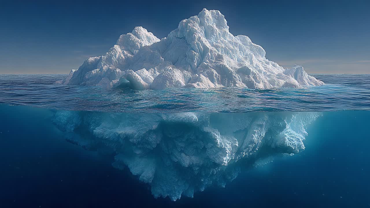 Stunning Iceberg Formation: A Mesmerizing Contrast of Ice Above and Below the Surface Captured in Brilliant Clarity in This Captivating Scene of Nature's Majesty