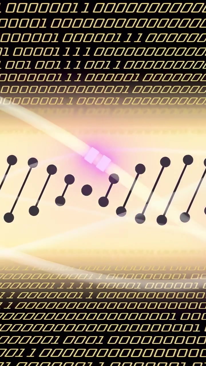 Scrolling binary digits sending magenta cubes, helix swaying and pulsing nodes showing biotech data