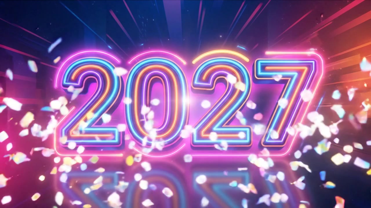 Celebrazione di Capodanno 2027 al neon con coriandoli che cadono