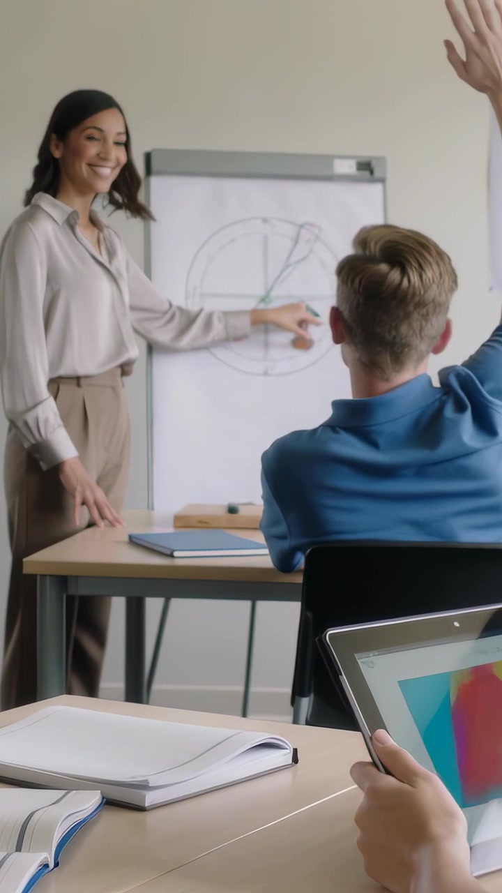 Video verticale: Tutor in primo piano che indica un grafico in classe, studente che alza la mano rispondendo, spazio per il testo.