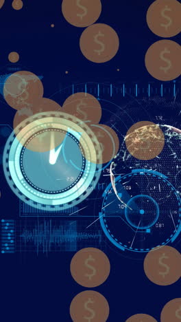 animación de relojes y monedas de dólar a través del procesamiento de datos