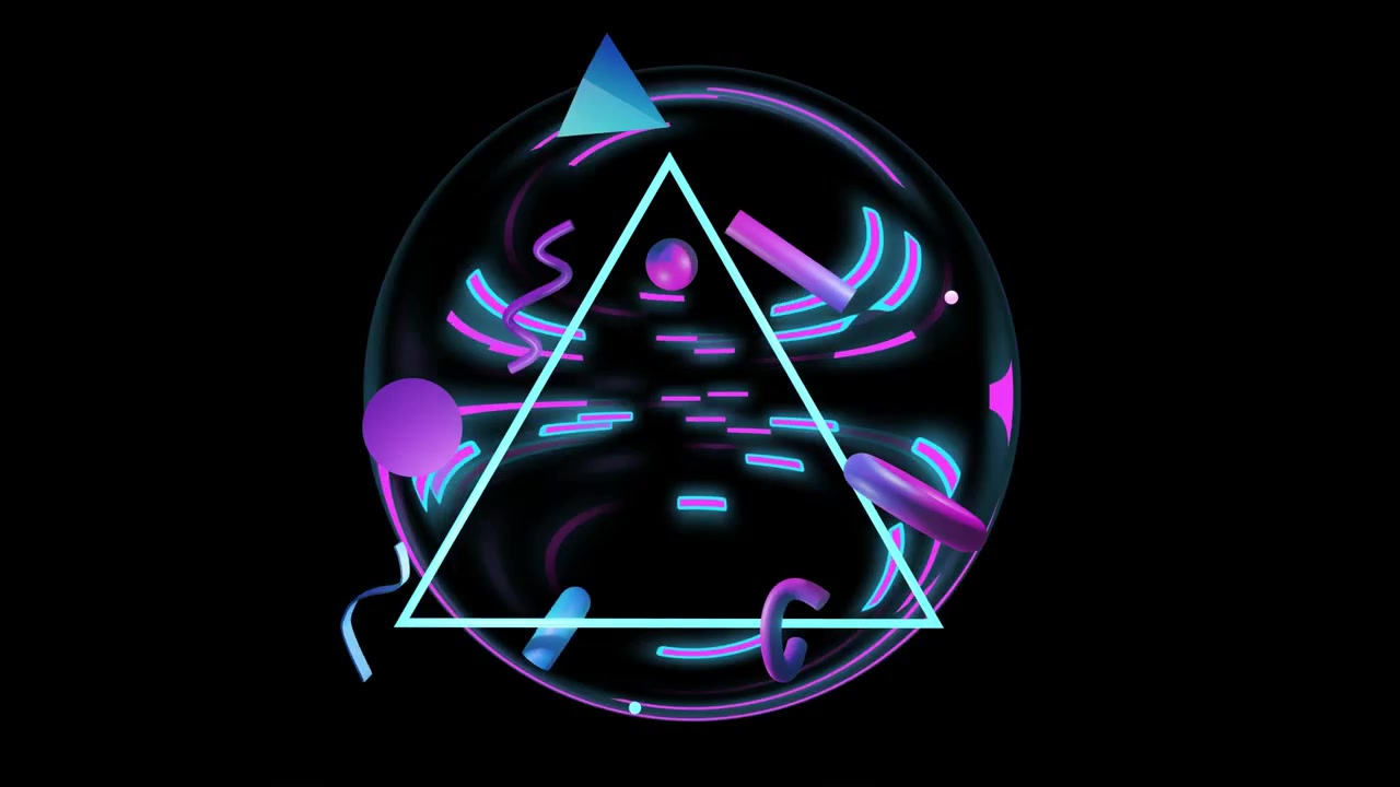 Cyan triangle rotating in glossy sphere for tech demo, lasers sweeping in starting orbiting forms