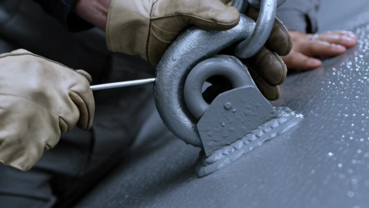 Bringing tan leather gloved hands aligning shackle over pad eye on painted deck, securing with rod