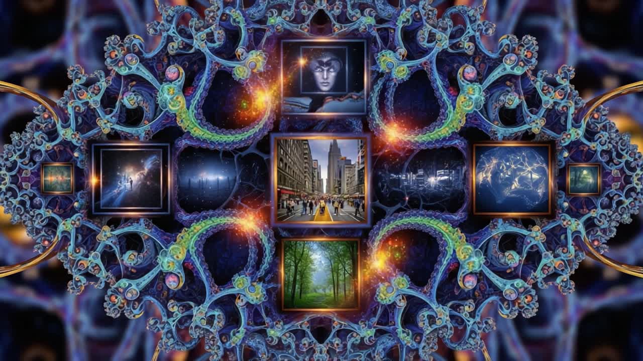 A Vibrant Fusion of Art and Urban Life: An Intricate Display of Modern Imagery Interwoven with Natural Elements and Abstract Patterns