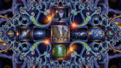 a vibrant fusion of art and urban life: an intricate display of modern imagery interwoven with natural elements and abstract patterns