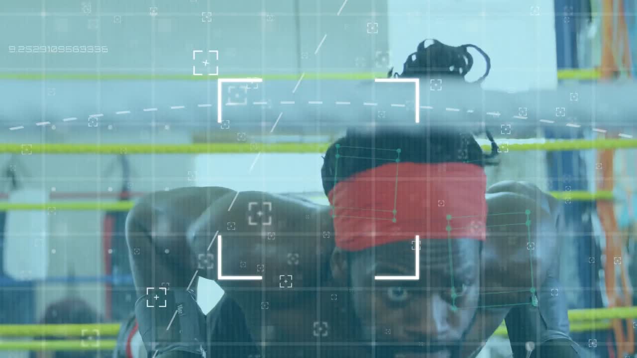 스 ⁇  스캐닝과 데이터 처리 남성 권투 선수가 부시 업을 하고 있습니다.