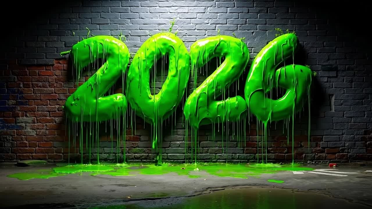 Neon Green Graffiti 2026 Numbers with Dripping Paint Effect