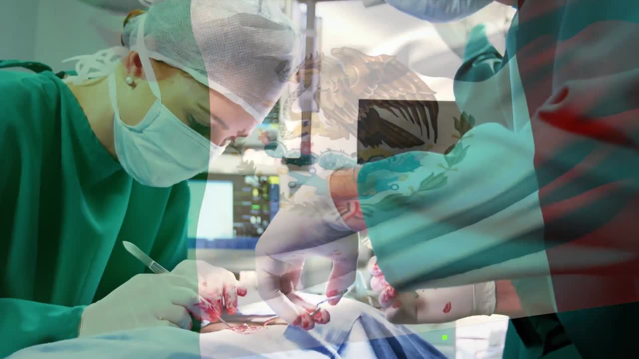 animación de la bandera de italia sobre los cirujanos en el quirófano