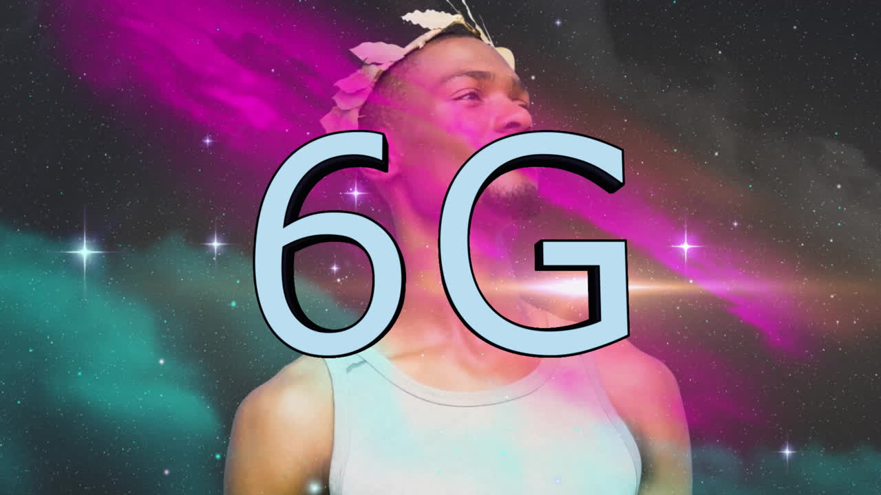 Wearing laurel wreath, person with 6G text over cosmic animation background