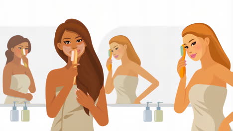 women engaged in daily beauty and skincare routines in bathroom
