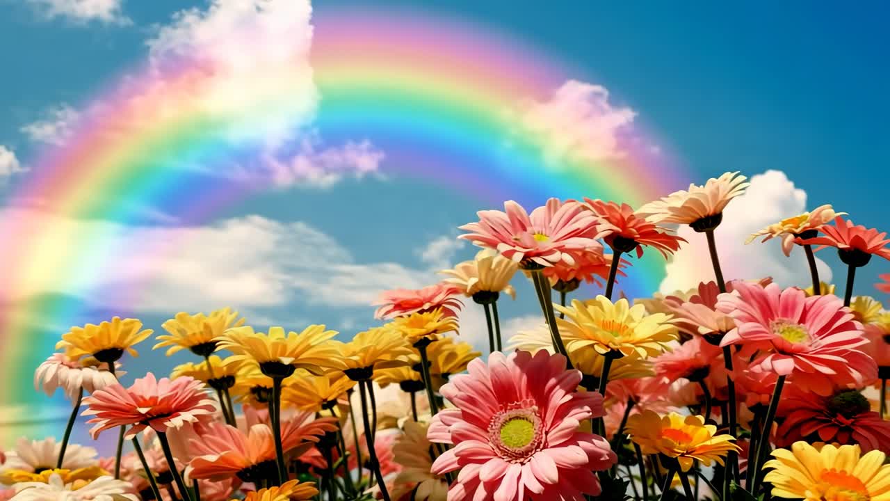 Conceito de vídeo vibrante com visão em ângulo baixo de margaridas coloridas sob um arco-íris brilhante e céu azul