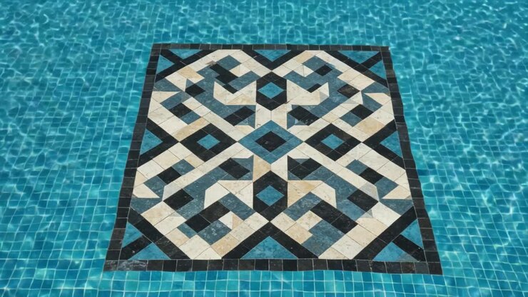 A Stunning Geometric Mosaic Design in a Sparkling Pool: Capturing the Beauty of Intricate Patterns on Blue Water as Light Reflects Elegantly Across the Surface