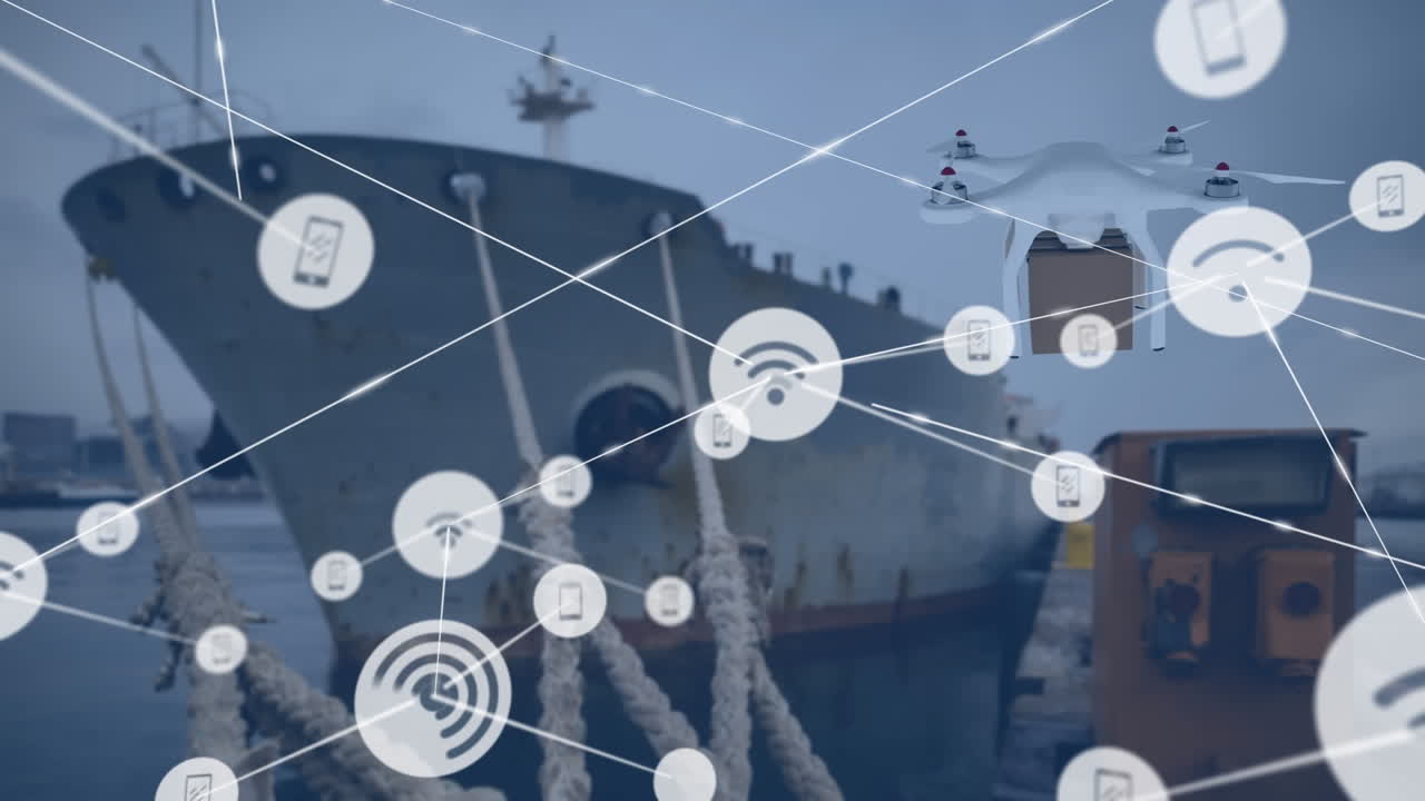 패키지를 운반하는 드론을 통해 아이콘으로 연결된 네트워크의 애니메이션