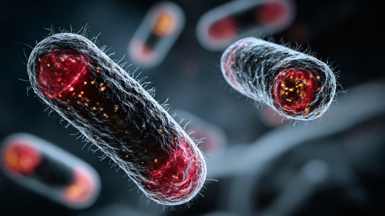 Visualizzazione microscopica di batteri: primo piano di microrganismi vivaci e luminosi che mostrano le loro strutture e schemi unici su uno sfondo scuro.