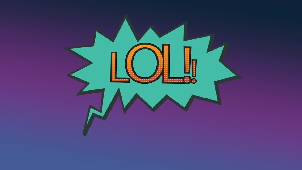 보라색 배경에 exclamation 거품에서 lol 단어