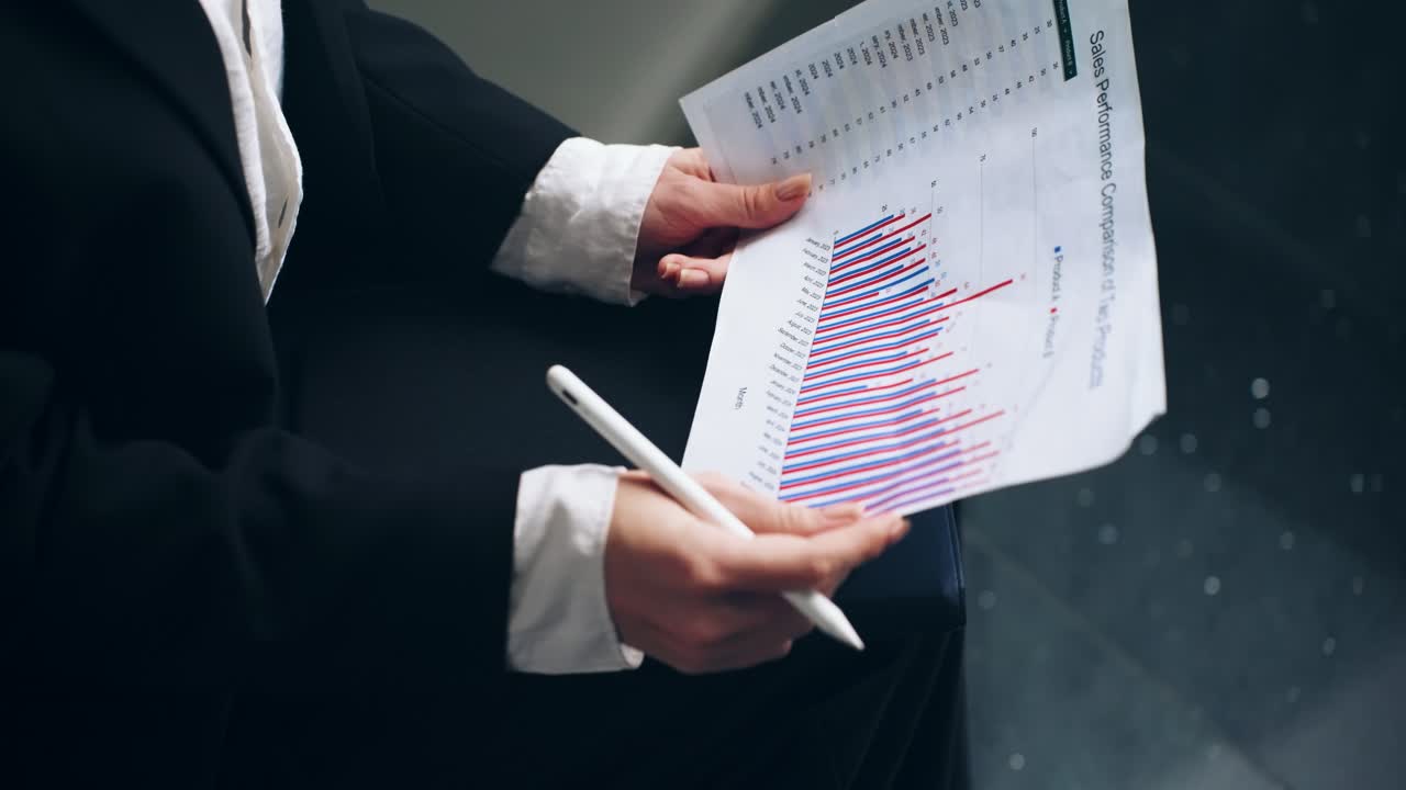 A slow motion parallax close-up shot glides past a businesswoman's hands as she analyzes a financial bar graph, pointing to the data with a stylus
