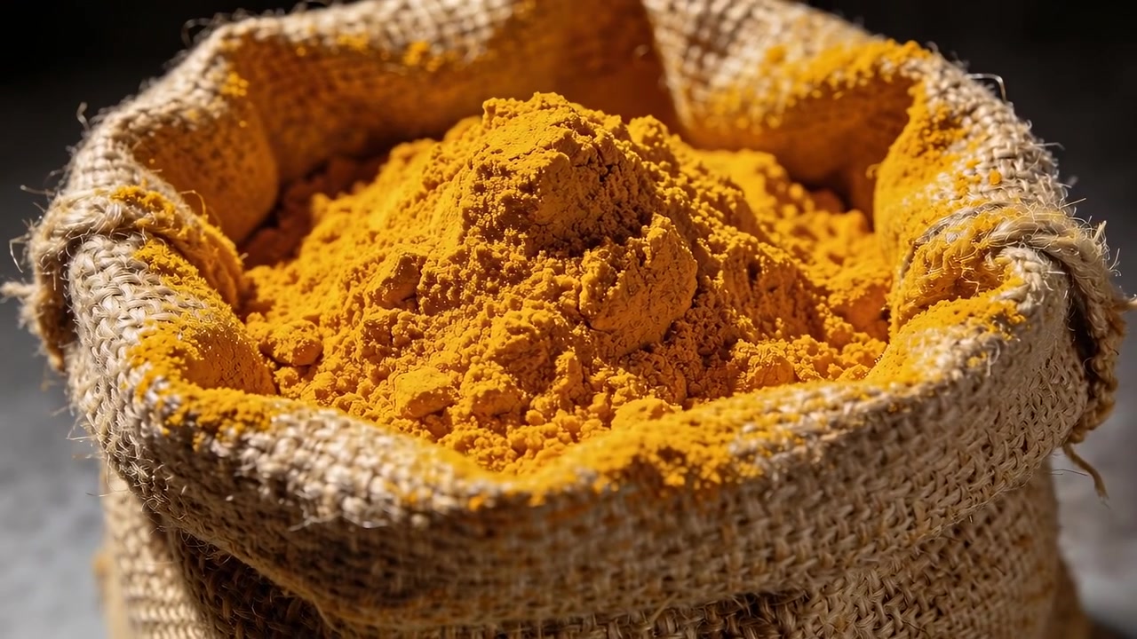Moving camera revealing burlap sack mound on kitchen counter, showcasing bright turmeric texture