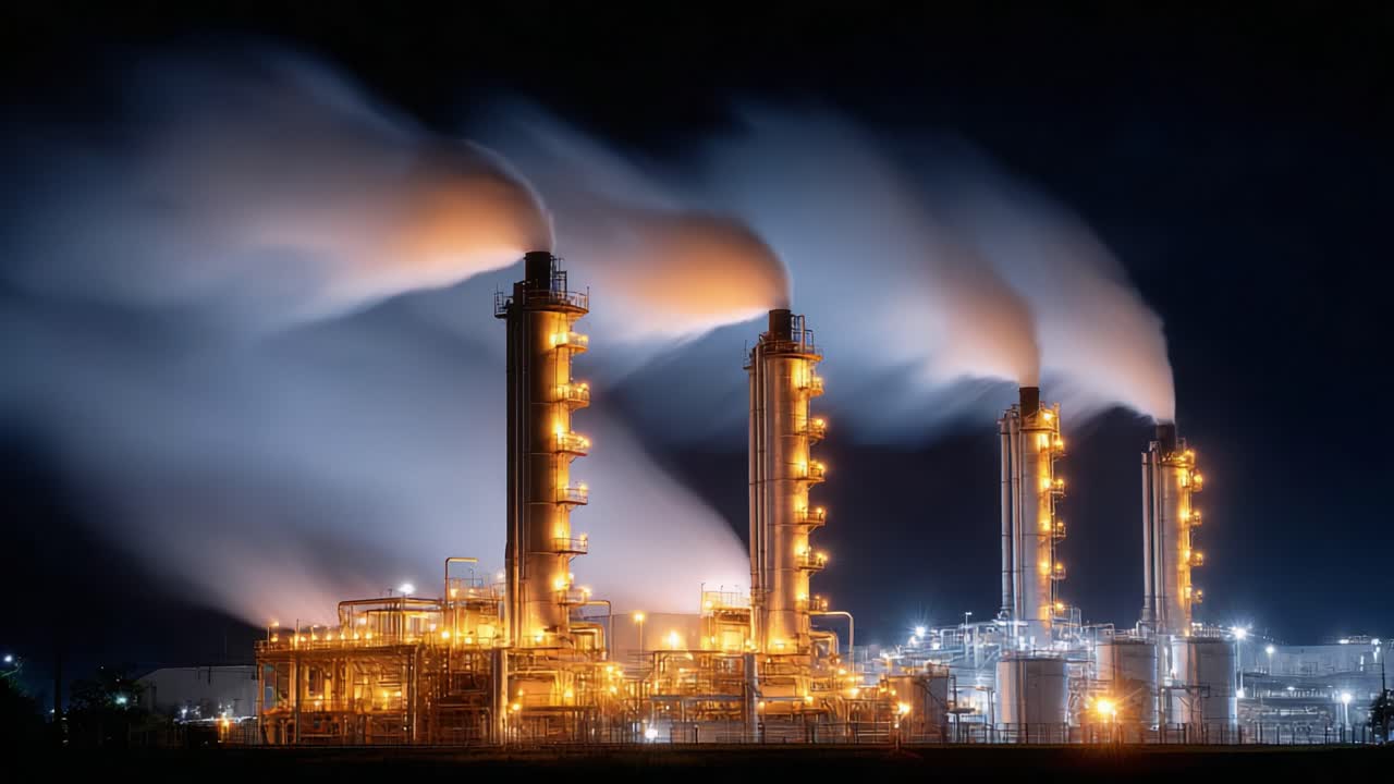 Industrial Night Scene Showcasing Smoke Emission from Tall Chimneys of a Power Plant, Illuminated by Vibrant Orange Lights Against a Dark Sky