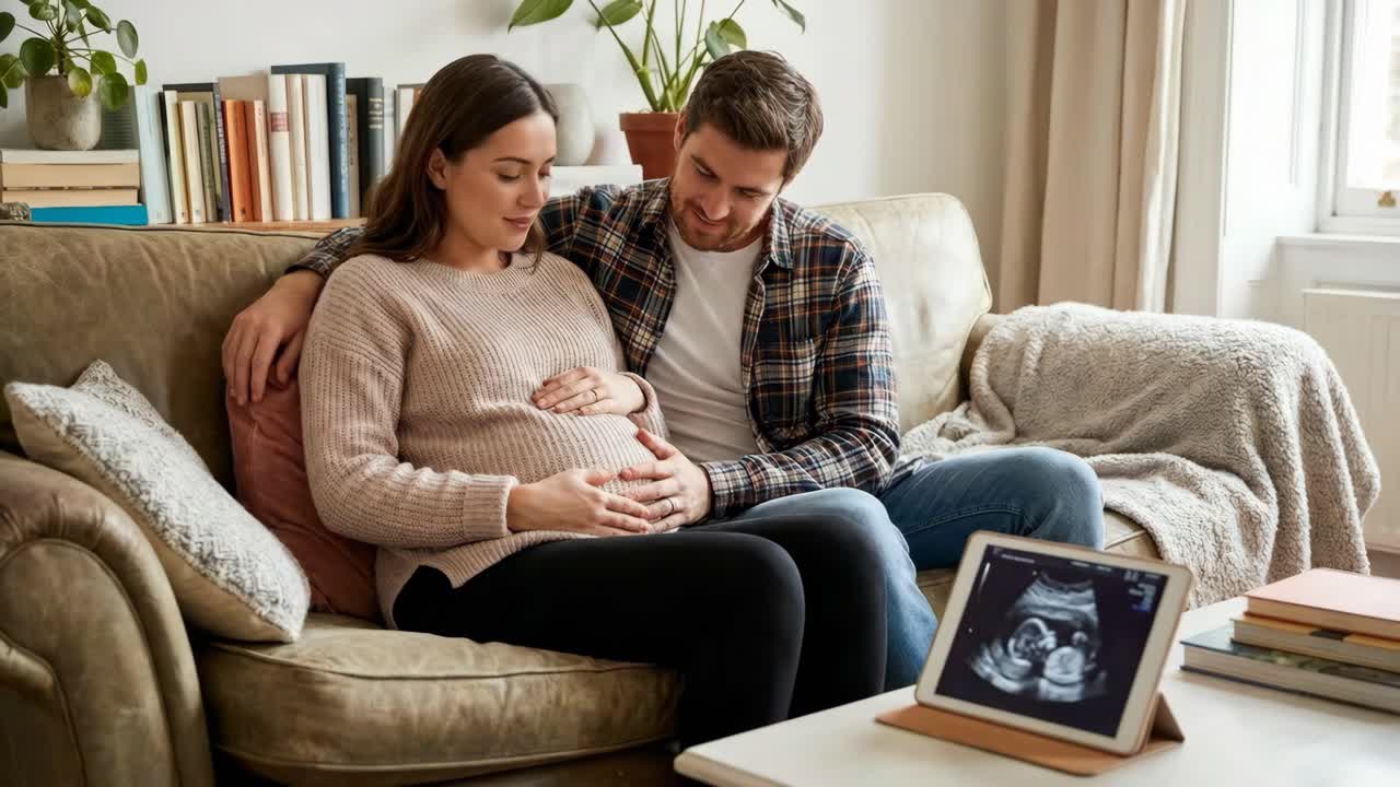 Happy pregnant couple looking at baby's ultrasound