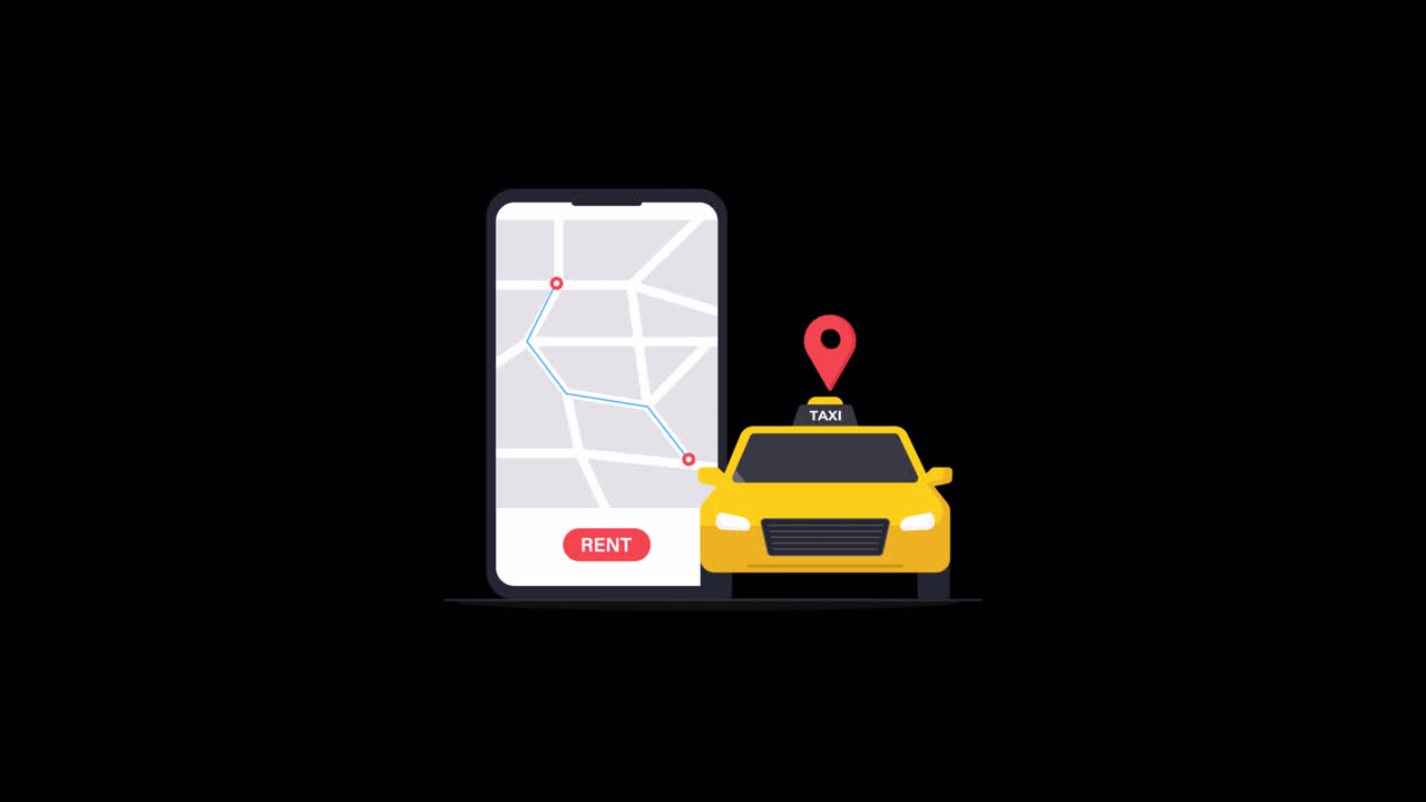 Smartphone animato con app per taxi e percorso di navigazione