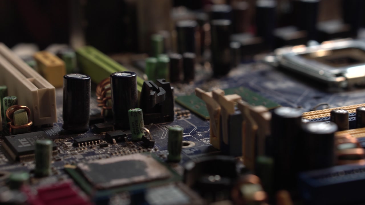 Motherboard of Desktop Computer, Close Up of Sockets and Electronic Elements