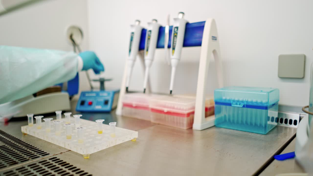 Analysis in small plastic tubes on a rack. Laboratory background and technician making experiments with test tubes on the table. Close-up.