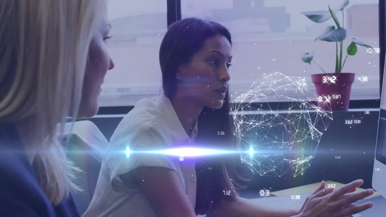 Animation of globe of connections with data processing over diverse business people at office
